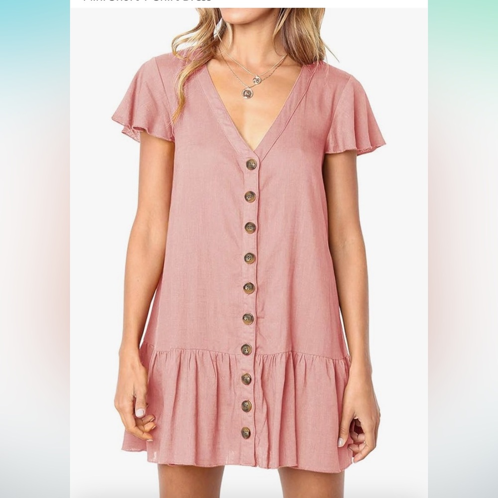 Imysty V Neck Button Down Ruffles Loose Mini Short T Shirt Dress